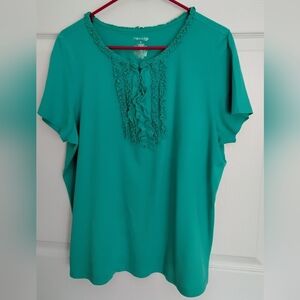 St Johns Bay Ruffled Front Short Sleeve Blouse in Teal